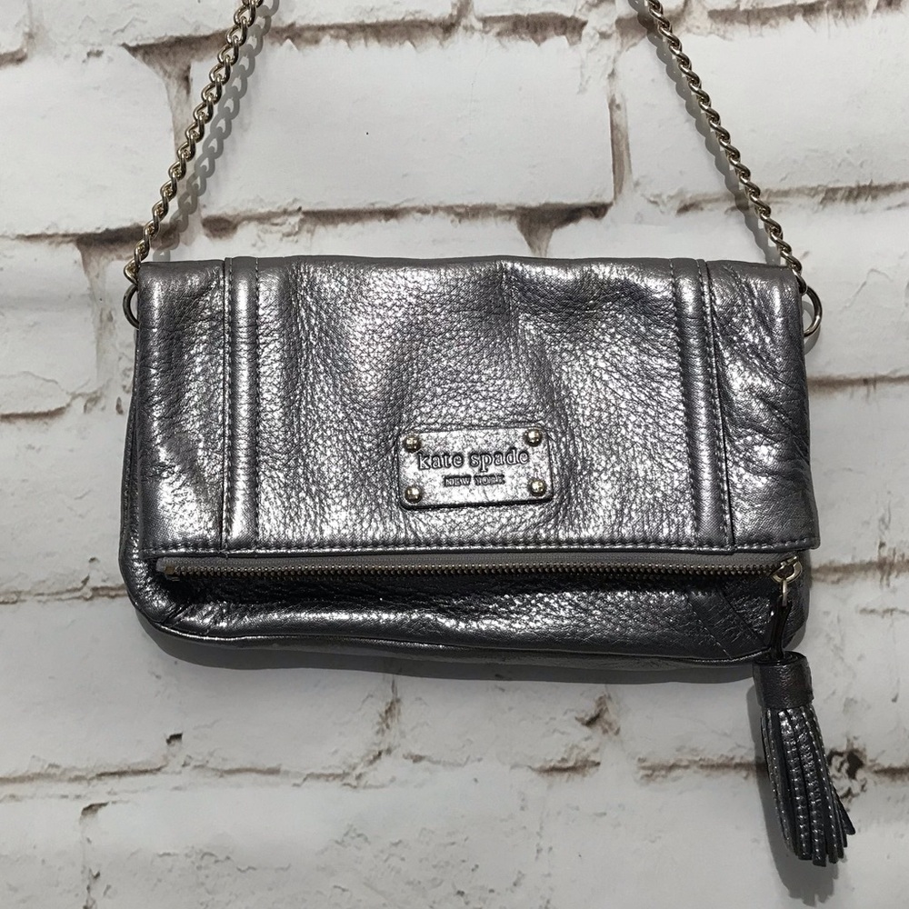 Kate Spade Pewter Fold Over Clutch with Chain NWOT